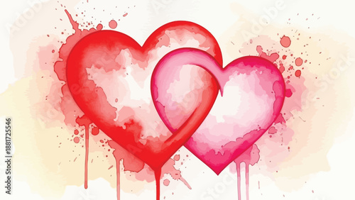 A beautiful watercolor illustration featuring two overlapping hearts, one red and one pink, symbolizing love and romance