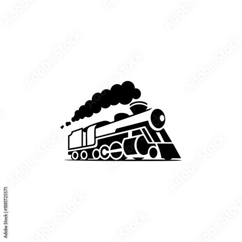 A classic steam locomotive chugging forward with billowing smoke from the stack, detailed wheels and passenger cars, perfect for railroad heritage brands, toy train logos, adventure travel merch
