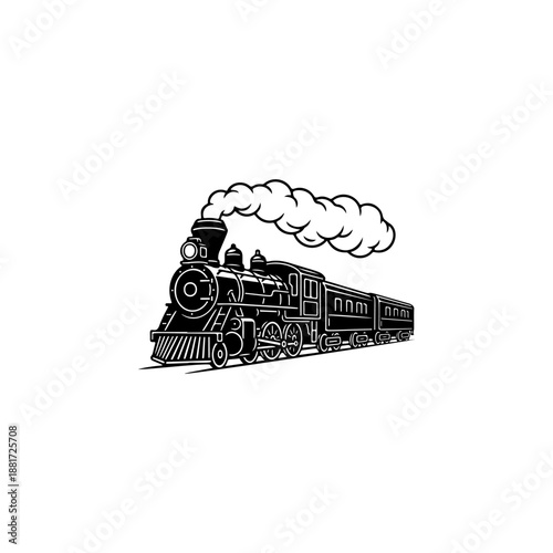 A classic steam locomotive chugging forward with billowing smoke from the stack, detailed wheels and passenger cars, perfect for railroad heritage brands, toy train logos, adventure travel merch