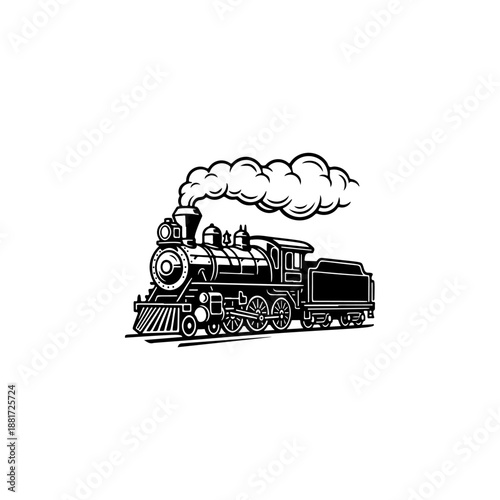 A classic steam locomotive chugging forward with billowing smoke from the stack, detailed wheels and passenger cars, perfect for railroad heritage brands, toy train logos, adventure travel merch