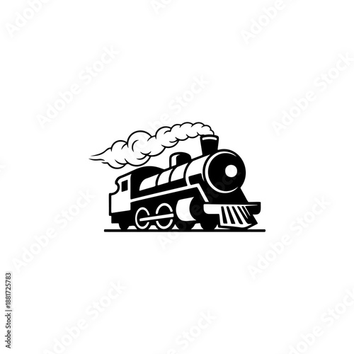 A classic steam locomotive chugging forward with billowing smoke from the stack, detailed wheels and passenger cars, perfect for railroad heritage brands, toy train logos, adventure travel merch