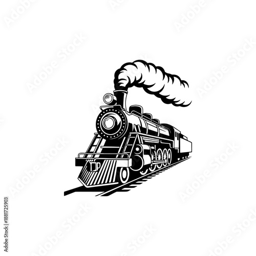 A classic steam locomotive chugging forward with billowing smoke from the stack, detailed wheels and passenger cars, perfect for railroad heritage brands, toy train logos, adventure travel merch
