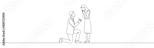 Continuous one line drawing of a man proposing to a woman, kneeling and offering an engagement ring