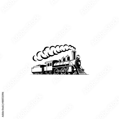 A classic steam locomotive chugging forward with billowing smoke from the stack, detailed wheels and passenger cars, perfect for railroad heritage brands, toy train logos, adventure travel merch