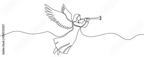 One continuous line of a flying angel blowing a trumpet. Line art of a heavenly messenger with spread wings. Drawing in one line style with a black stroke. Vector illustration.