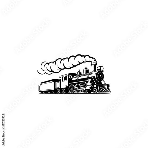 A classic steam locomotive chugging forward with billowing smoke from the stack, detailed wheels and passenger cars, perfect for railroad heritage brands, toy train logos, adventure travel merch