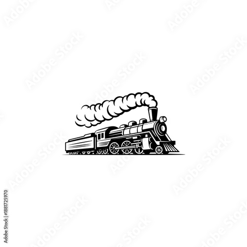 A classic steam locomotive chugging forward with billowing smoke from the stack, detailed wheels and passenger cars, perfect for railroad heritage brands, toy train logos, adventure travel merch