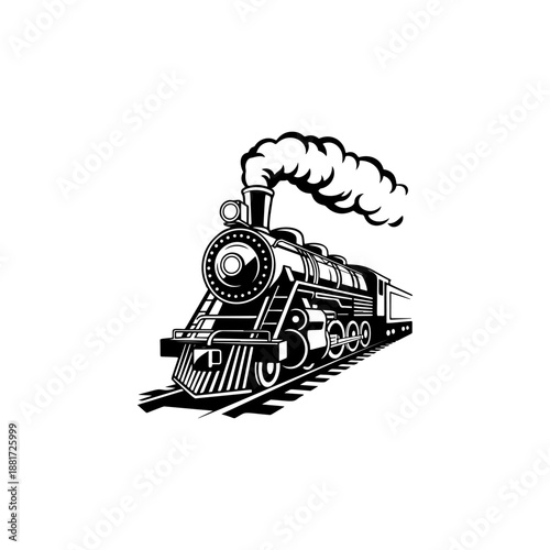 A classic steam locomotive chugging forward with billowing smoke from the stack, detailed wheels and passenger cars, perfect for railroad heritage brands, toy train logos, adventure travel merch