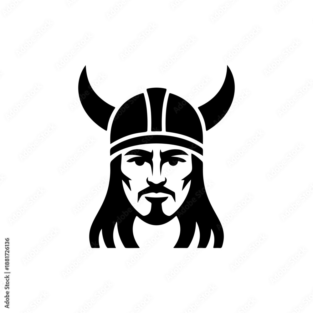 Fototapeta premium A fierce Viking warrior with prominent curved bull horns on his helmet, intense facial features, long flowing hair and beard, perfect for Norse mythology brands, heavy metal bands, adventure gear