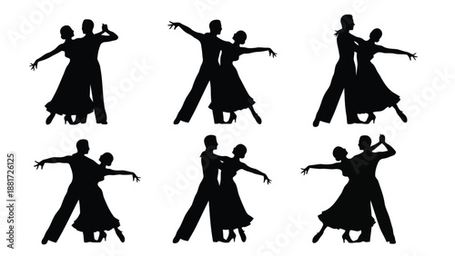 Silhouettes of couples dancing showcasing graceful movement and partnership in a visually striking arrangement high quality