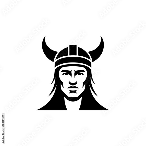 A fierce Viking warrior with prominent curved bull horns on his helmet, intense facial features, long flowing hair and beard, perfect for Norse mythology brands, heavy metal bands, adventure gear