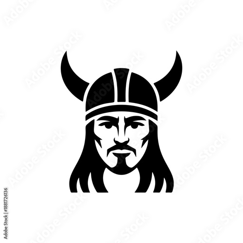 A fierce Viking warrior with prominent curved bull horns on his helmet, intense facial features, long flowing hair and beard, perfect for Norse mythology brands, heavy metal bands, adventure gear
