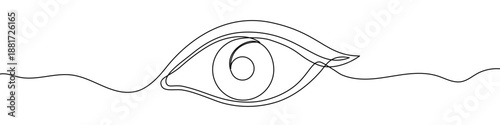 One continuous line of a human eye. Line art of an eye with a pupil and eyelid contour. Drawing in one line style with a black stroke on a white background. Minimalist vector illustration.