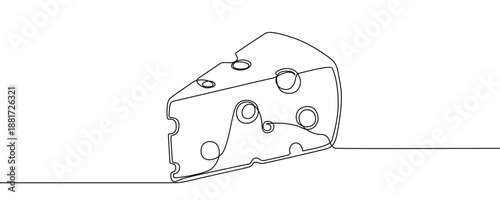 One continuous line of a piece of cheese with holes. Line art of a triangular-shaped hard cheese slice. Drawing in one line style with a black stroke. Vector illustration.