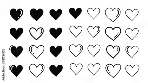 collection of various hand drawn hearts in different styles and shades on white background high quality