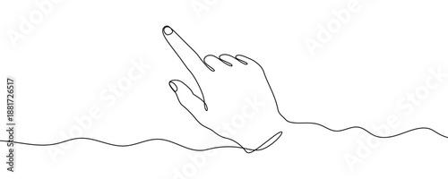 One continuous line of a hand with the index finger pointing up. Line art of a pointing gesture or an idea. Drawing in one line style with a black stroke. Vector illustration.