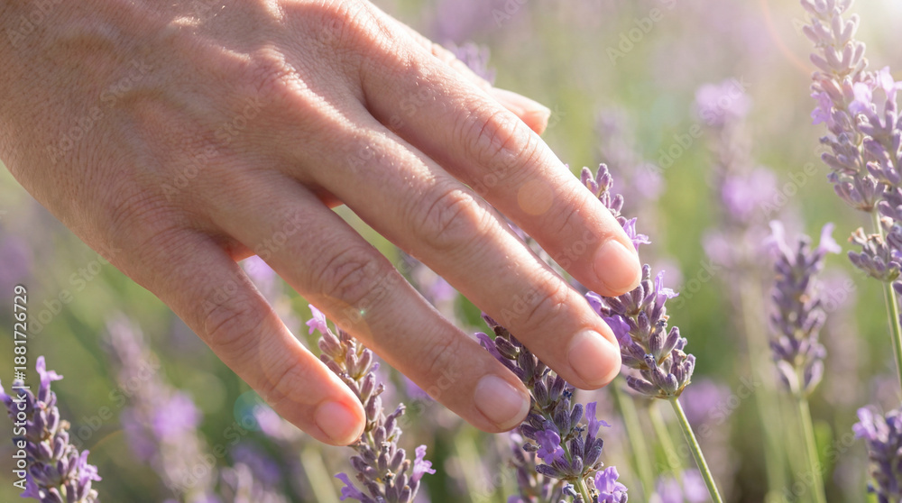 Fototapeta premium Hand touches lavender blossoms in sunlight. Lavender stems sway in soft bokeh field, lavender aroma hints calm wellness, for lavender harvest, summer vacation, spa branding concept