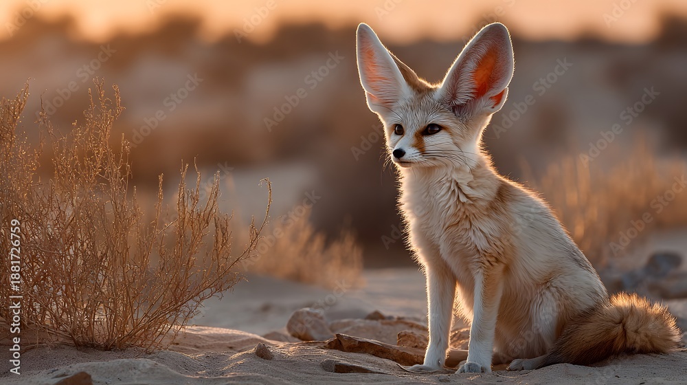 Obraz premium Adorable Fennec fox sits in a desert environment with oversized ears backlit by the golden sun and sand dunes in the background warm tones.