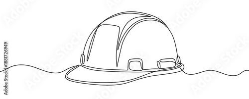 Construction helmet in one line art style. Safety hat drawing with editable black stroke on white background. Vector illustration.