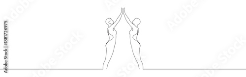 Continuous one line drawing of two people giving a high five, celebrating success or partnership
