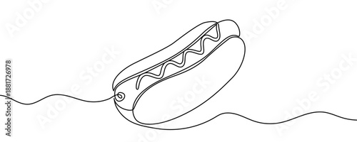 Hot dog in one line art style. Hot dog drawing with editable black stroke on white background. Vector illustration.