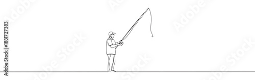 Continuous line drawing of a fisherman with a fishing rod, symbolizing leisure, outdoor activity, and patience