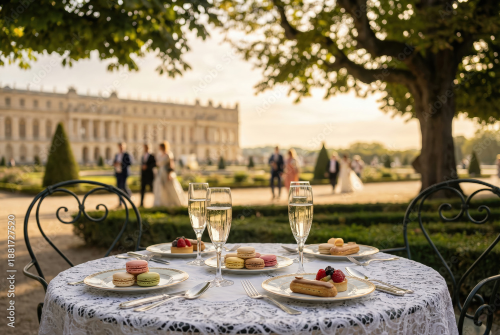 Fototapeta premium Luxury garden party at the Palace of Versailles with champagne, macarons, and French pastries on a lace tablecloth at sunset.