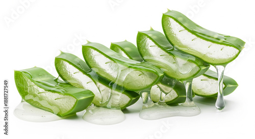  Fresh aloe vera slices arranged neatly with visible gel on white background