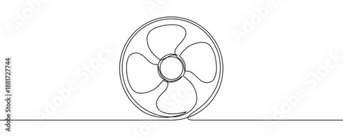 Fan in one line art style. Drawing of fan blades with editable black stroke on white background. Vector illustration.
