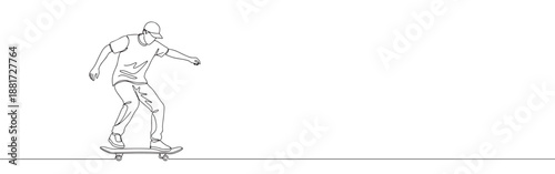 Continuous line drawing of a skateboarder in motion, symbolizing urban culture, youth, and active lifestyle