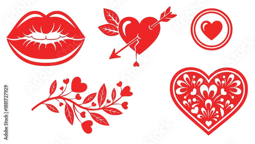 A collection of vibrant red valentine s day icons including lips hearts and an arrow depicting romantic love