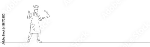 Continuous line drawing of a chef cooking with a pan, symbolizing culinary art, professional cooking, and passion for food