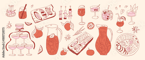 Whimsical cocktail party. Sangria pitcher, tapas doodles coquette set. Spanish mediterranean snacks and drinks. Bachelorette parties coquette hand drawn elements. Vector sketch glasses, wine jug.