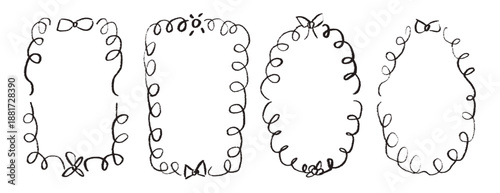 Bachelorette crayon whimsical frames. Coquette charcoal pencil borders with bows set. Ribbon and lace squiggle menu cadre. Vector wedding pastel or chalk frame isolated on white background.