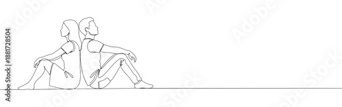 Continuous one line drawing of a couple sitting back-to-back, depicting comfort and independent togetherness
