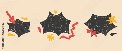 Abstract geometric callout blank pastel brush set. Bang crayon figures. Blank freeform text boxes. Vector promo tags with zigzag lines, asterisk, stars and arrows set isolated on beige background.