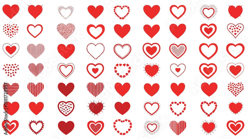A vibrant collection of red and white hearts showcasing various textures and designs fills the entire frame