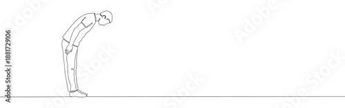 Continuous one line drawing of a man bowing deeply, a gesture of profound respect or traditional greeting