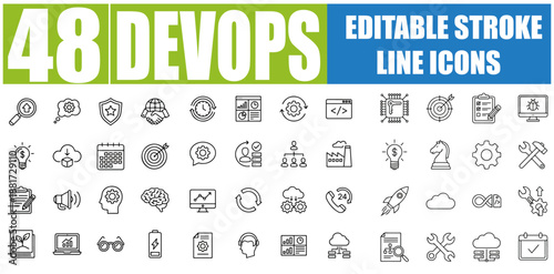 DevOps icon set. Software development and operations icon collection. Including automation, CI/CD pipeline, cloud, deployment, monitoring and more. Editable line icons. Vector illustration. SEO OPTIMI