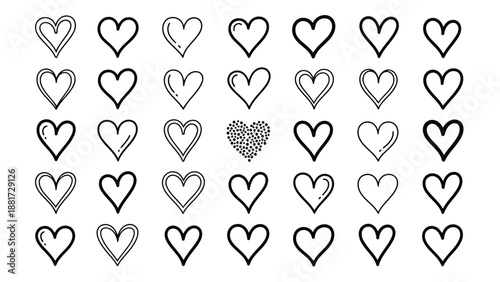A collection of hand drawn heart shapes with one uniquely filled dark heart stands out amongst the others