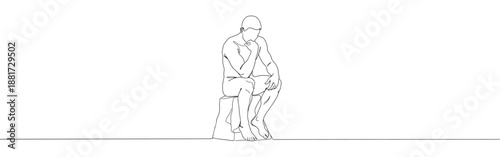 Continuous line drawing of a pensive man, symbolizing deep thought, contemplation, and intellectual activity on a clean background