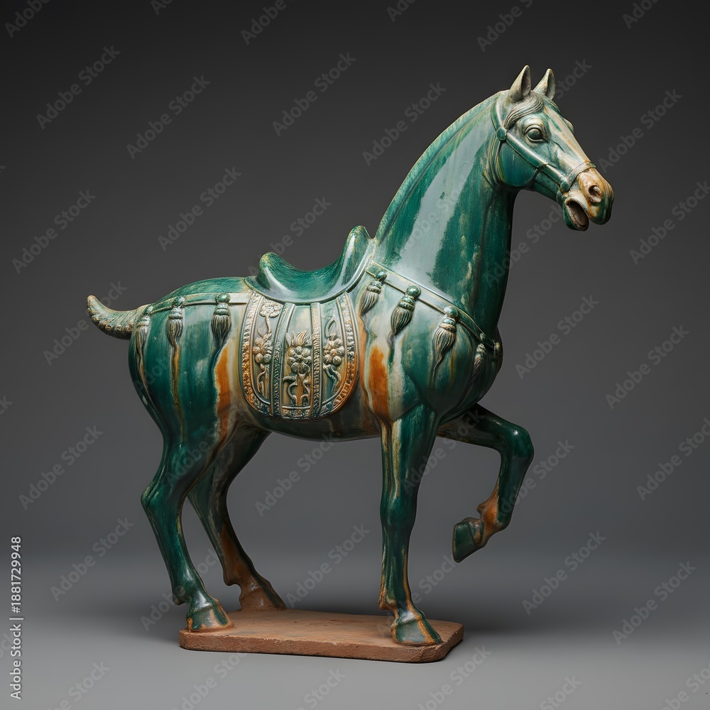 Fototapeta premium Ancient Chinese Tang Dynasty Style Green Glazed Ceramic Horse Sculpture with Saddle and Bridle