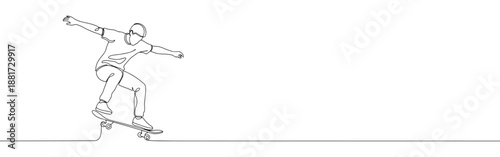 Continuous line drawing of a skateboarder in motion, symbolizing urban culture, youth, and active lifestyle