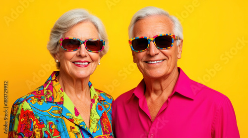 Vibrant Senior Couple in Bold Colorful Fashion and Retro Rainbow Sunglasses, Joyful Confident Aging Against Warm Yellow Background