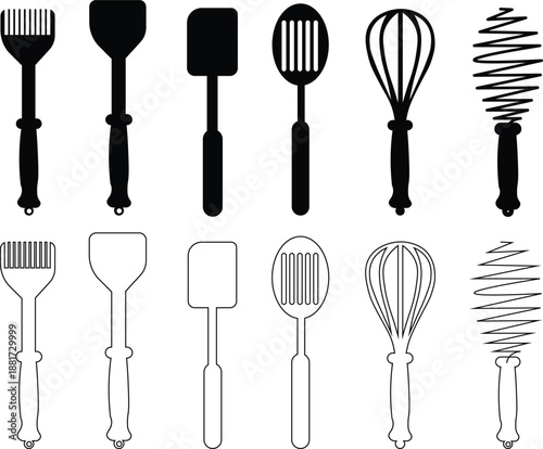 Vector black silhouettes and line art of cooking tools and baking equipment
