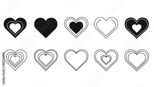 A collection of diverse heart shapes varying in fill outline and style arranged in a horizontal row