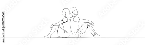 Continuous one line drawing of a couple sitting back-to-back, depicting comfort and independent togetherness