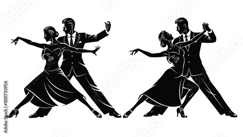 Elegant couples gracefully performing a ballroom dance showcasing stylish attire and dynamic movement in silhouette