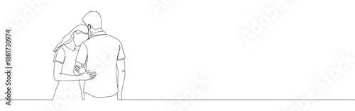 Continuous one line drawing of a couple embracing affectionately from behind, showing a tender connection