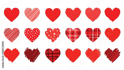 A collection of vibrant red hearts featuring diverse patterns and textures creating a visually appealing display